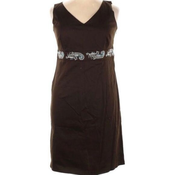 Ann Taylor Loft Brown Sleeveless Dress Embroidered Paisley Waistband Size 14 - Picture 1 of 8